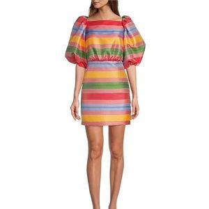 Antonio Melanie- The Nat Note Nell Striped Jacquard Short Puffed Sleeve Dress